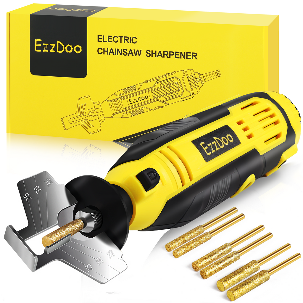 EzzDoo 3 in 1 Electric Chainsaw Sharpener Kit with TITANIUM COATED Chainsaw Bits, For all Chains.