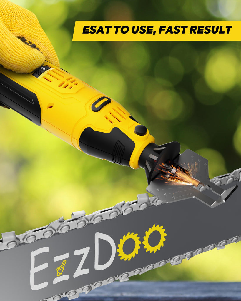 EzzDoo Cordless Electric Chainsaw Sharpener Kit - Portable 12V Chain Saw Sharpener Tool with 6 Titanium-Coated Diamond Bits(Wheels) & Angle Guide - Easy to Use for All Chainsaw Chains.