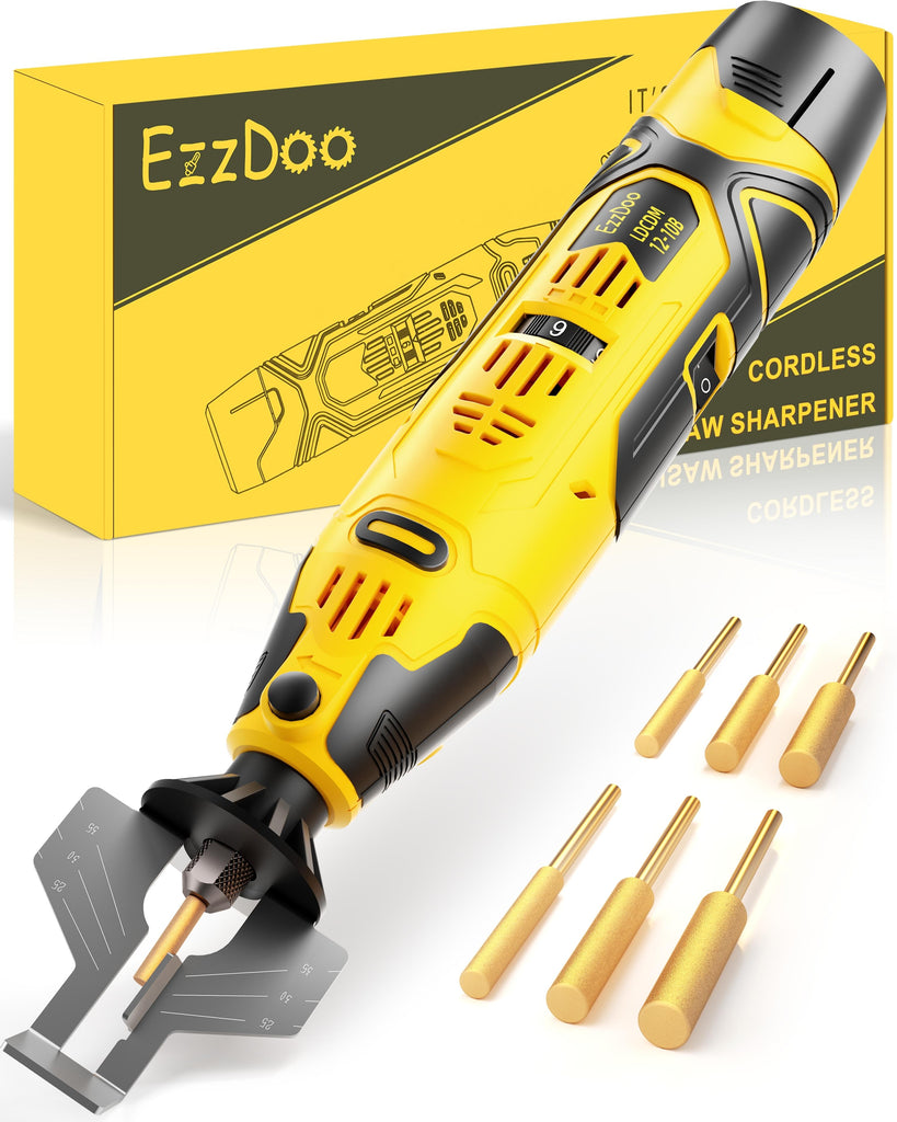 EzzDoo Cordless Electric Chainsaw Sharpener Kit - Portable 12V Chain Saw Sharpener Tool with 6 Titanium-Coated Diamond Bits(Wheels) & Angle Guide - Easy to Use for All Chainsaw Chains.