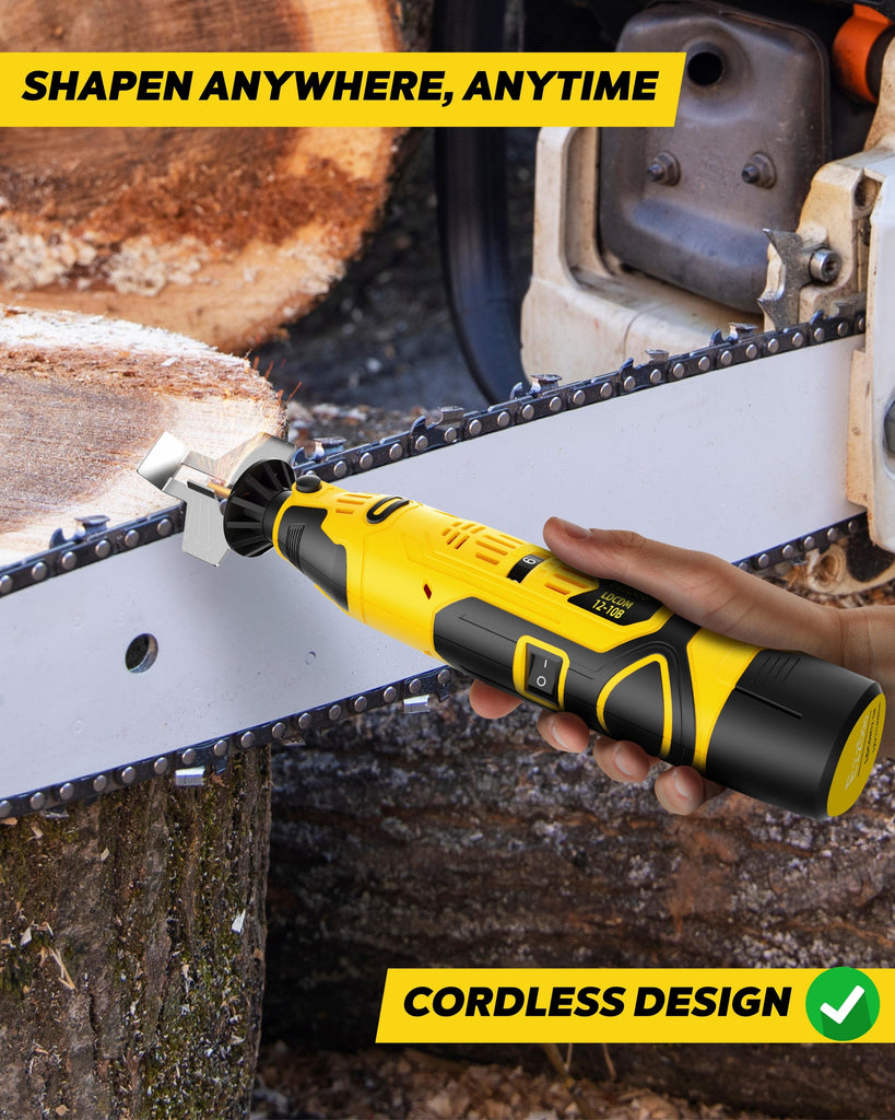 EzzDoo Cordless Electric Chainsaw Sharpener Kit - Portable 12V Chain Saw Sharpener Tool with 6 Titanium-Coated Diamond Bits(Wheels) & Angle Guide - Easy to Use for All Chainsaw Chains.
