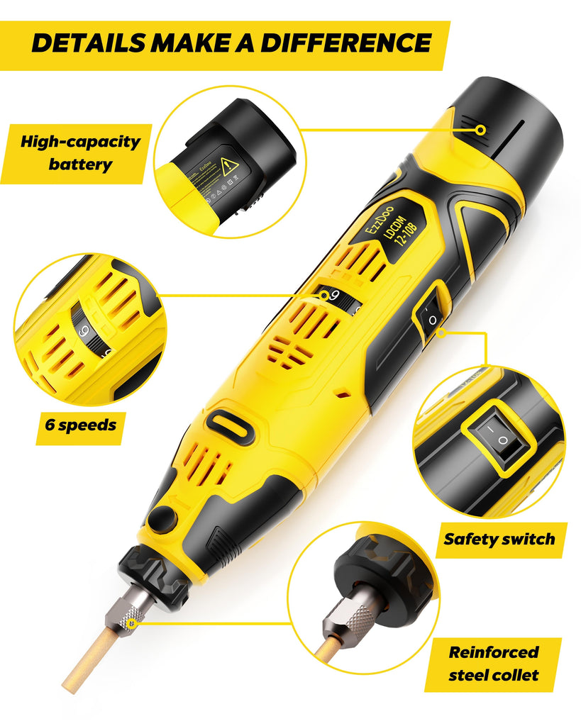 EzzDoo Cordless Electric Chainsaw Sharpener Kit - Portable 12V Chain Saw Sharpener Tool with 6 Titanium-Coated Diamond Bits(Wheels) & Angle Guide - Easy to Use for All Chainsaw Chains.