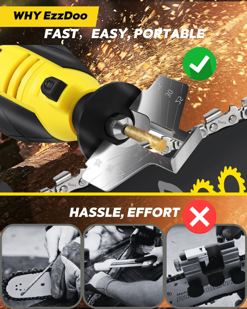 EzzDoo Cordless Electric Chainsaw Sharpener Kit - Portable 12V Chain Saw Sharpener Tool with 6 Titanium-Coated Diamond Bits(Wheels) & Angle Guide - Easy to Use for All Chainsaw Chains.