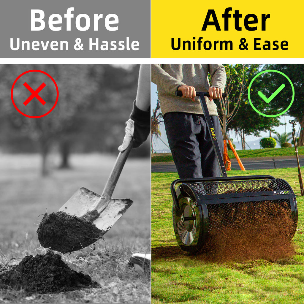 EzzDoo NEW DESIGN Compost & Peat Moss Spreader for Lawn and Garden - Multi-Purpose Top Dressing Spreader - 24 Inch