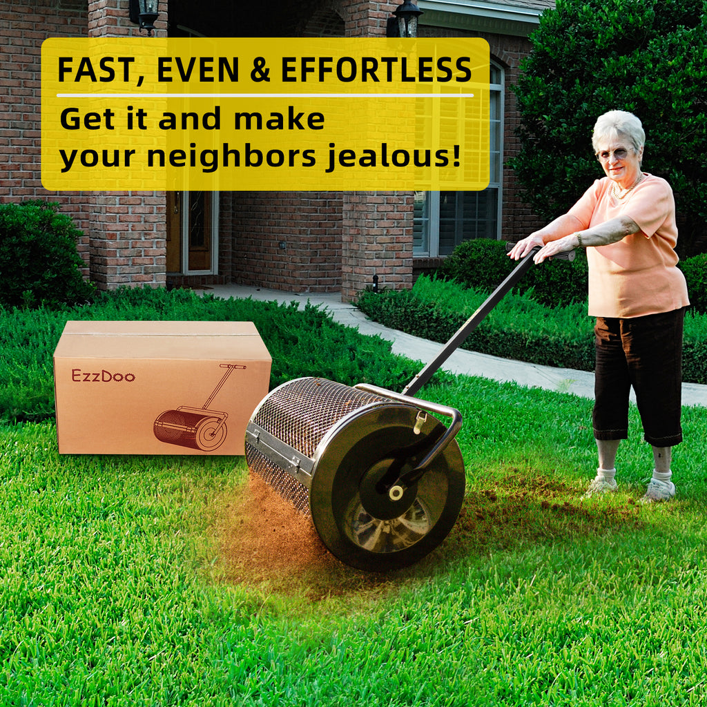 EzzDoo NEW DESIGN Compost & Peat Moss Spreader for Lawn and Garden - Multi-Purpose Top Dressing Spreader - 24 Inch