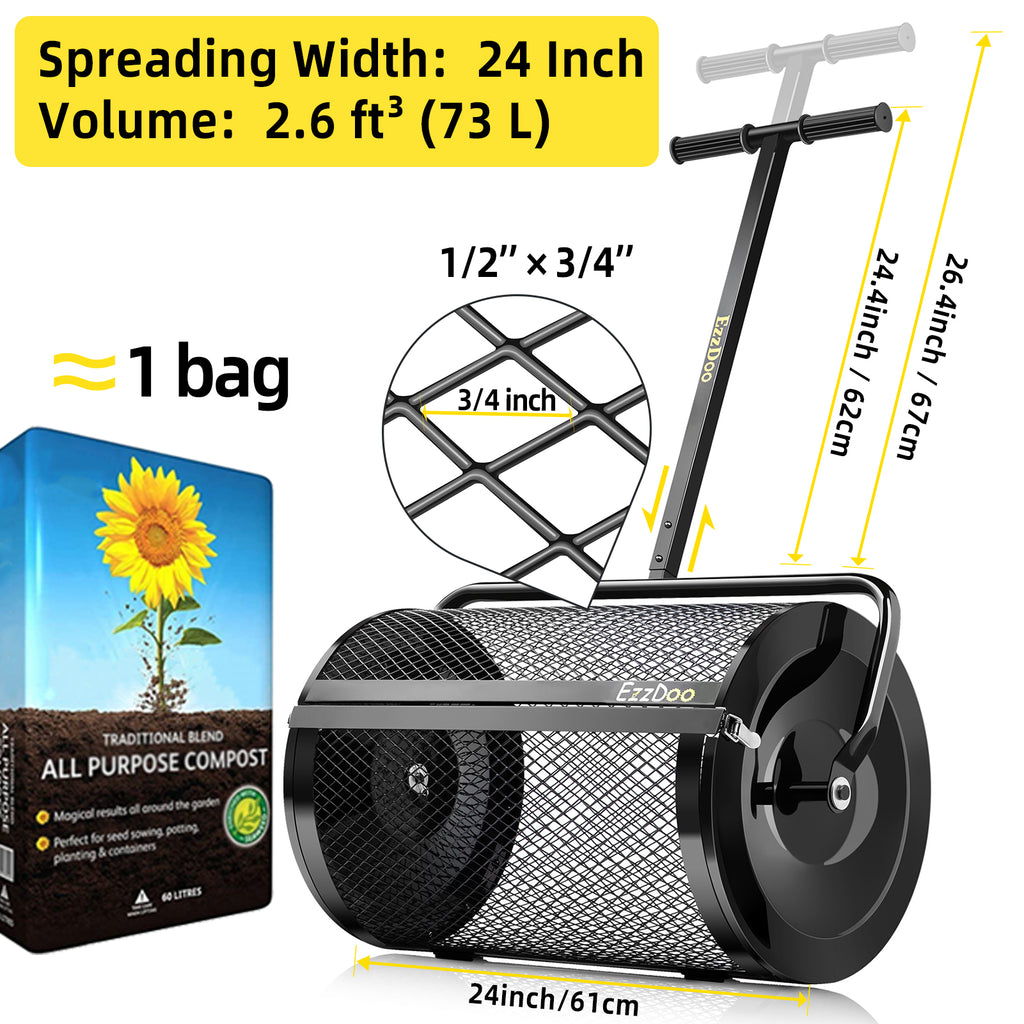 EzzDoo NEW DESIGN Compost & Peat Moss Spreader for Lawn and Garden - Multi-Purpose Top Dressing Spreader - 24 Inch