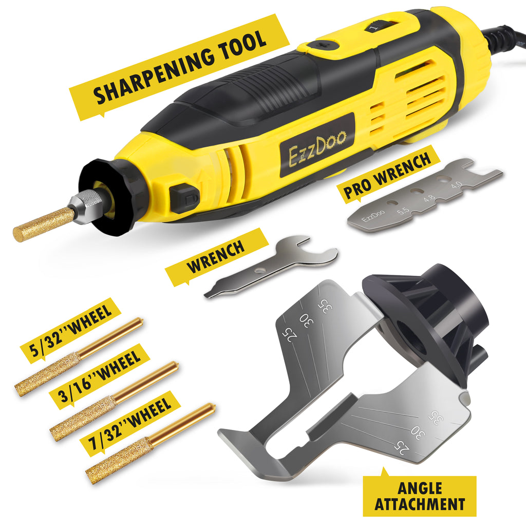 EzzDoo 3 in 1 Electric Chainsaw Sharpener Kit with TITANIUM COATED Chainsaw Bits, For all Chains.