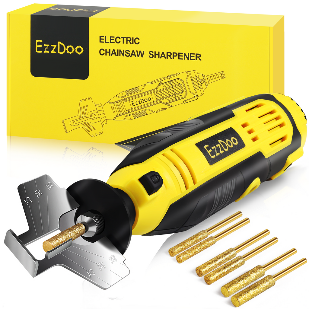 EzzDoo 3 in 1 Electric Chainsaw Sharpener Kit with TITANIUM PLATED Chainsaw Bits, For all Chains.