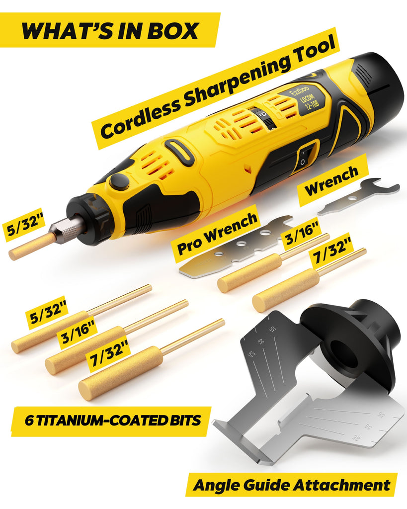 EzzDoo Cordless Electric Chainsaw Sharpener Kit - Portable 12V Chain Saw Sharpener Tool with 6 Titanium-Coated Diamond Bits(Wheels) & Angle Guide - Easy to Use for All Chainsaw Chains.