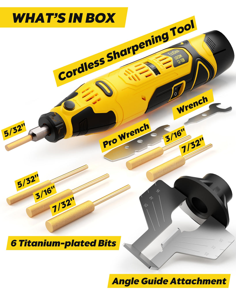 EzzDoo Cordless Electric Chainsaw Sharpener Kit - Portable 12V Chain Saw Sharpener Tool with 6 Titanium-Plated Diamond Bits(Wheels) & Angle Guide - Easy to Use for All Chainsaw Chains.